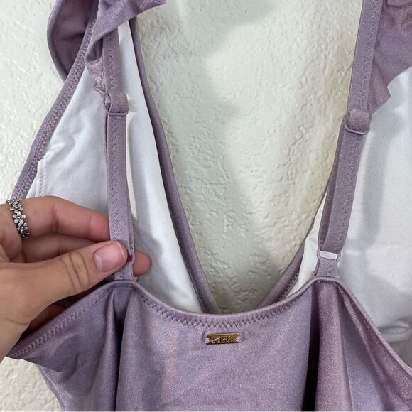 PINK VS Shine Ruffle One Piece Swimsuit in Metallic Lilac Size S - Picture 5 of 9